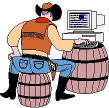 Gif of a cowboy browsing the internet on an old computer and tapping his foot. He uses a barrel as a seat and another barrel as a desk.