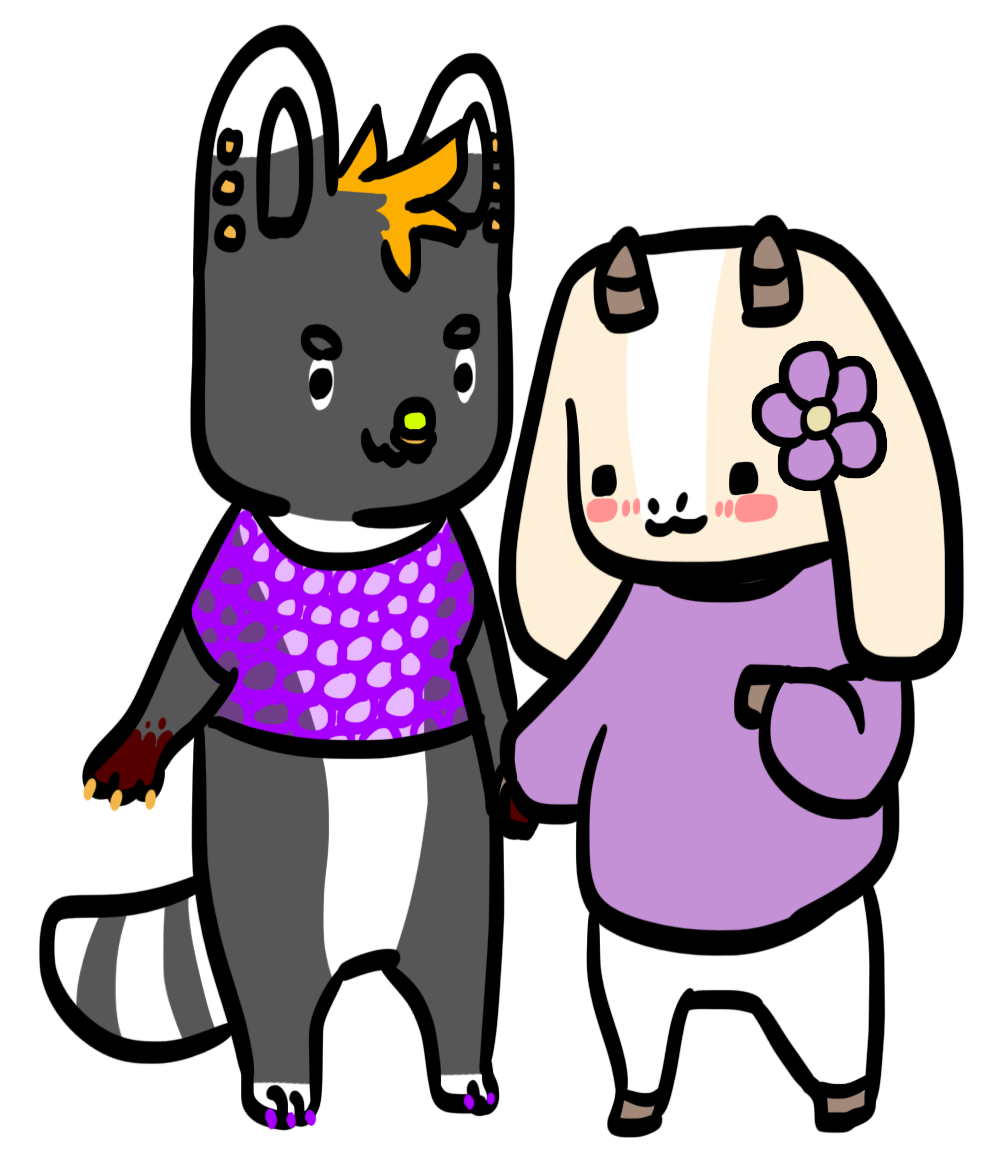 A mischevious looking chibi anthro canine with orange spiky hair and a purple mesh top holds hands with a bashful looking chibi anthro goat, who has a purple sweater and flower tucked in his ear.
