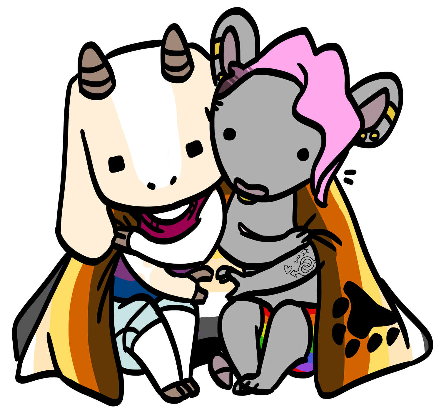 A chibi anthro goat wearing a bi flag shirt and a chibi anthro rat wearing rainbow shorts make a heart shape together with each others hands. They are draped in a Bear pride flag together.