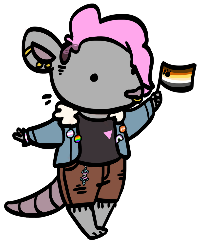 A chibi anthro rat with fluffy pink hair waves a tiny Bear flag in a lively pose. He has brown shorts and a jean bomber jacket covered with pins. A beaded lizard hangs from a belt loop on his shorts.